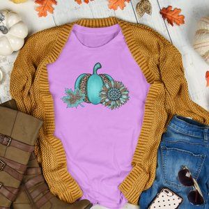 Fall T-Shirt Women's Teal Pumpkin Graphic Tee Orchid Size Medium